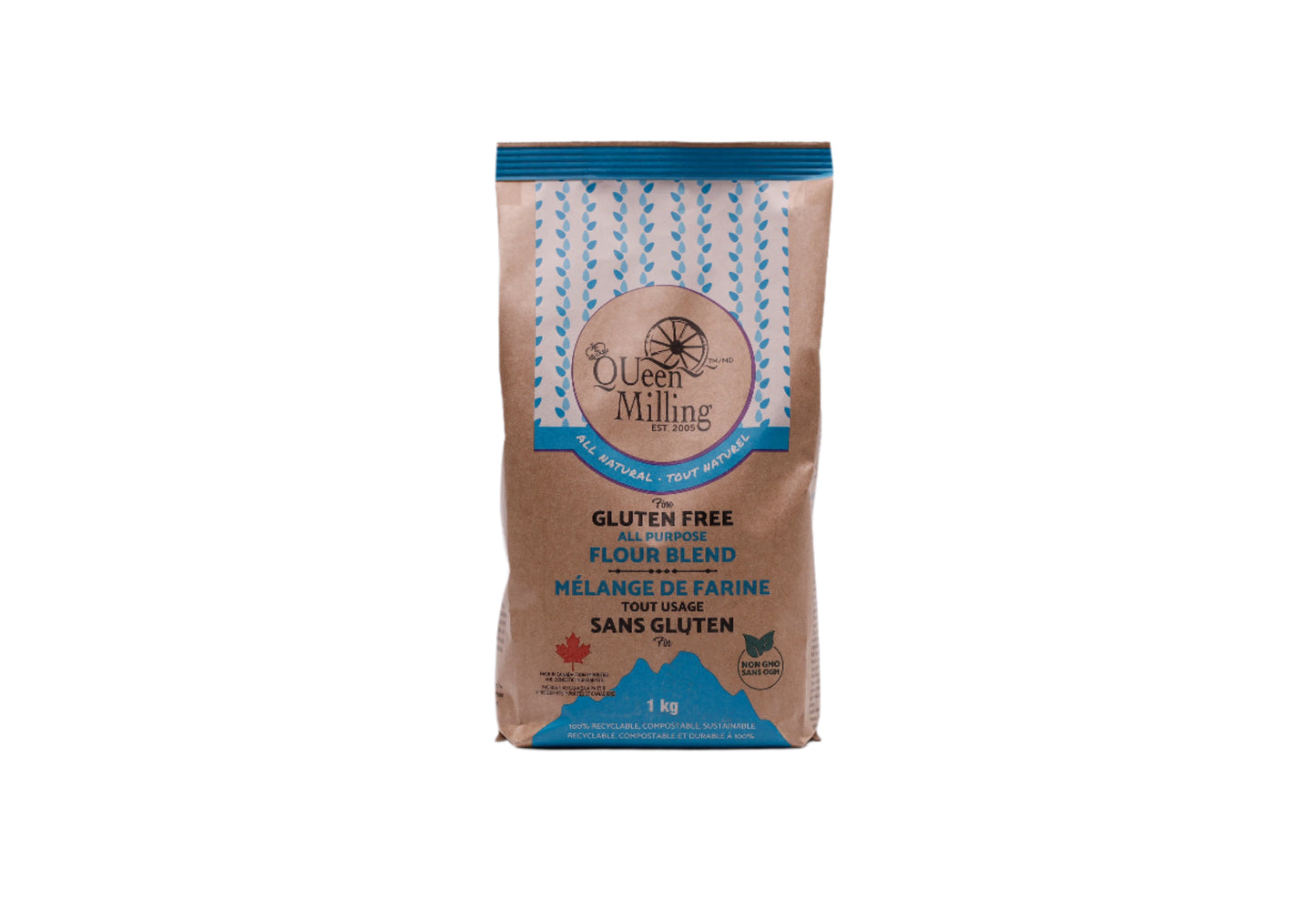 Gluten free all purpose flour blend. No xanthan gum. Packed in a 100% recyclable and compostable paper bag. 1kg size. 1 pack size. Made in Chatham, Ontario, Canada.