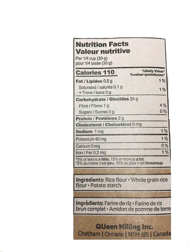 Made in Canada QUeen Milling gluten free pancake mix nutrition label. Ingredients : rice flour, wholegrain brown rice flour, potato starch.
