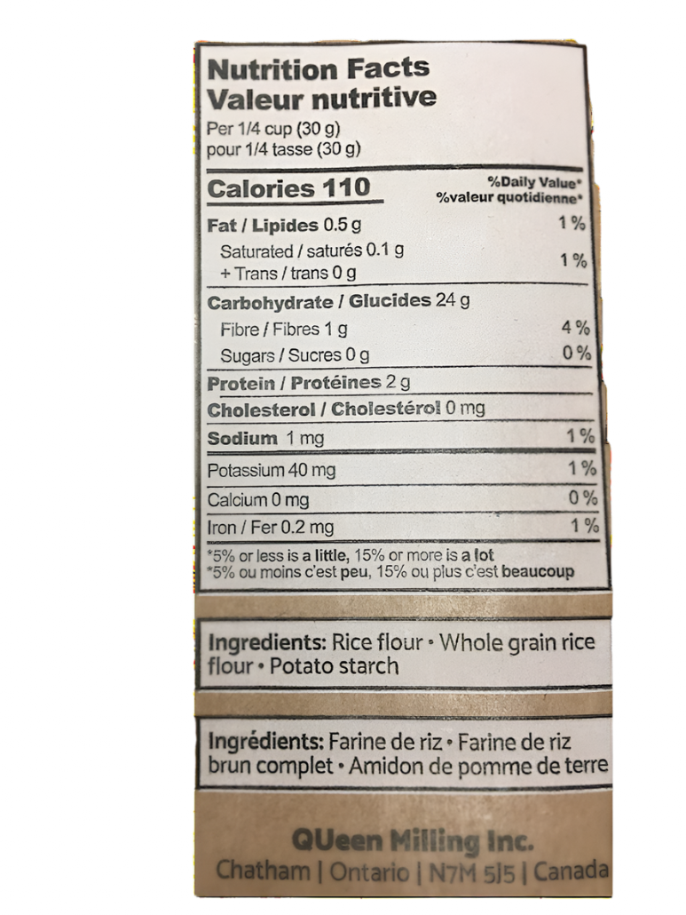 Ontario, Canada Queen Milling gluten free pancake mix nutrition label. Ingredients : rice flour, wholegrain brown rice flour, potato starch. Proudly made in Canada.