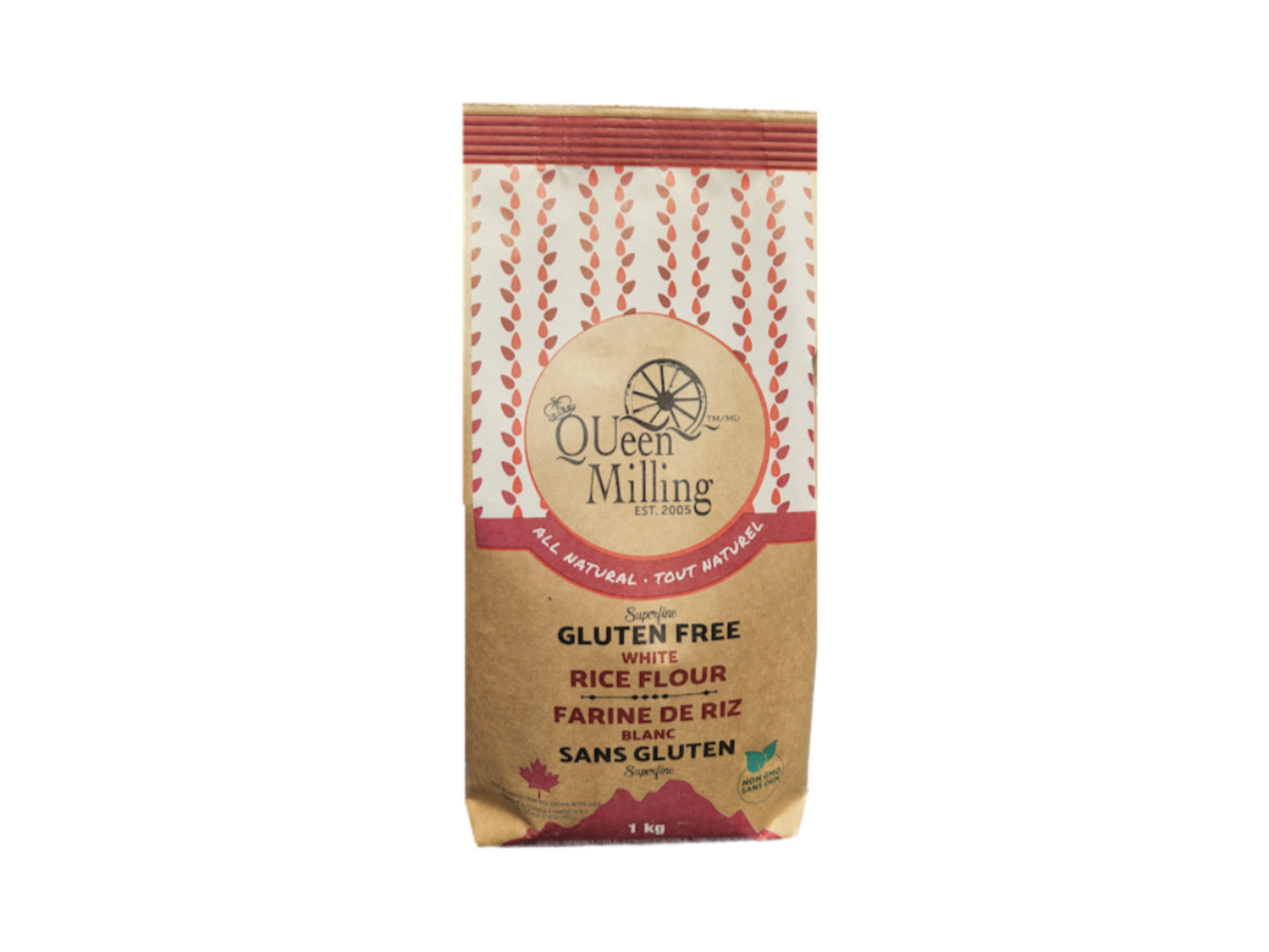 Made in Ontario, Canada. QUeen Milling Gluten free white rice flour  packed in a kraft brown recyclable bag with bright Canadian red colouring.i It is packaged in a 1kg size bag.