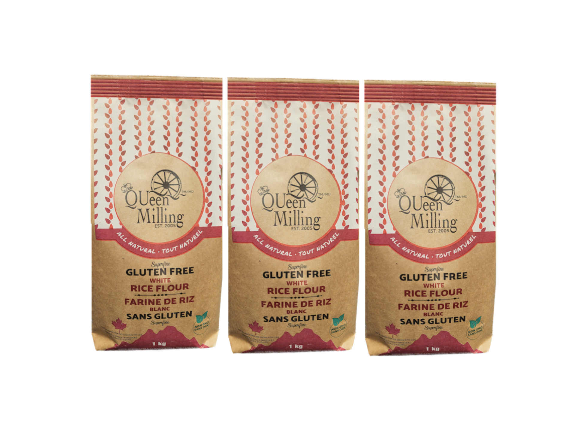 Made in Ontario, Canada.  QUeen Milling Gluten free white rice flour is milled to a superfine granulation.  Packed in a 100% recyclable and compostable paper bag.  1kg size.  3 pack size.  Kraft colour bag with bright red colouring.