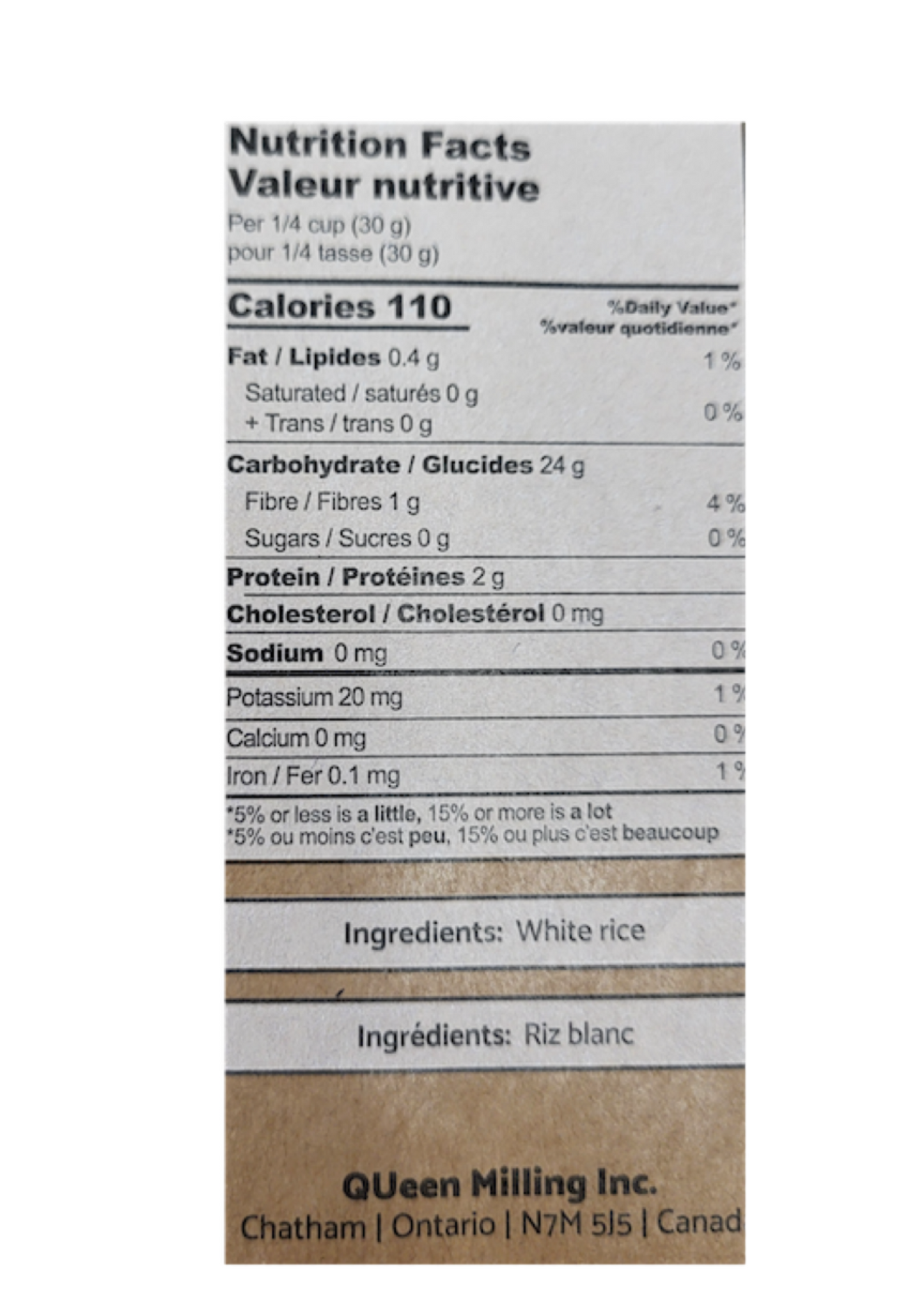 Queen Milling gluten free superfine white rice flour nutrition label.  Ingredients White Rice.  Made in Chatham, Ontario, Canada