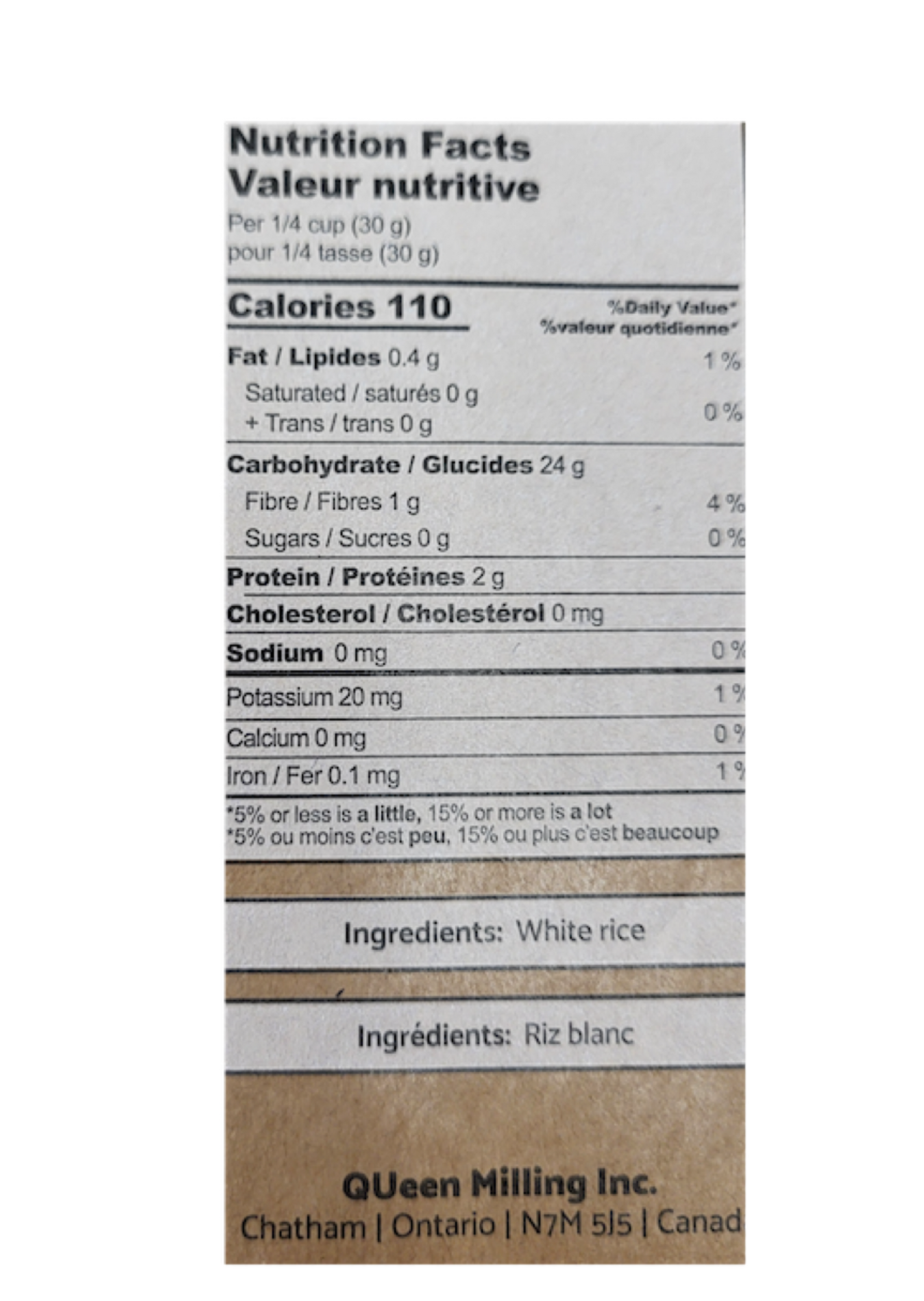 Queen Milling gluten free superfine white rice flour nutrition label.  Ingredients White Rice.  Made in Chatham, Ontario, Canada