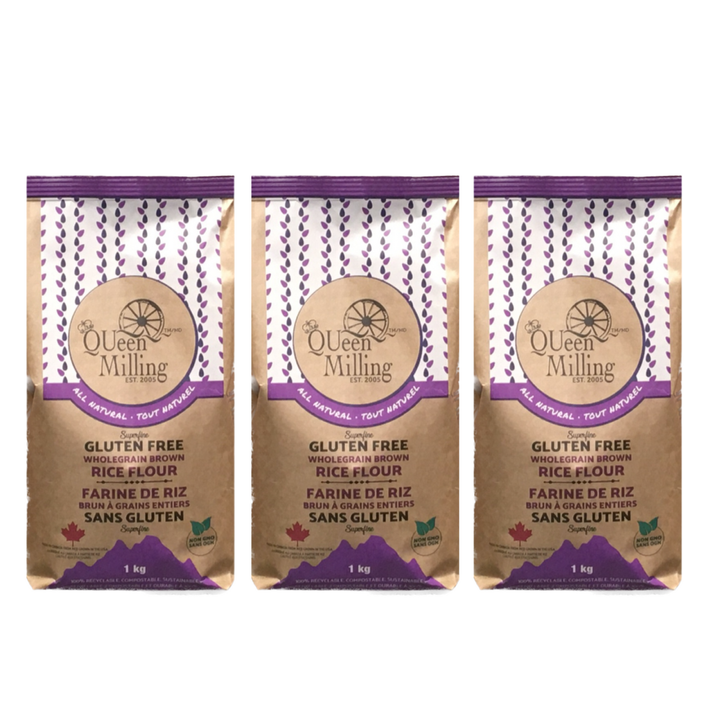Gluten free superfine wholegrain (brown) 1kg size. 3 pack size. Made in Chatham, Ontario, Canada Ingredient: Wholegrain Brown Rice