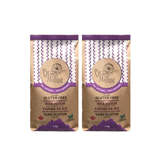Made in Canada.  QUeen Milling Gluten free wholegrain (brown) rice flour is milled to a superfine granulation.  1kg size.  NON GMO, FODMAP Friendly.