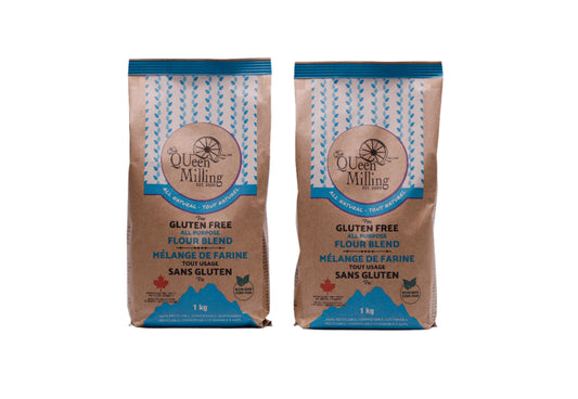 Made in Canada. Gluten free all purpose flour blend.  No xanthan gum.  Packed in a 100% recyclable and compostable paper bag.  1kg size.  2 pack size.  
