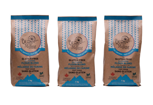 QUeen Milling Gluten free all purpose flour blend.   .  1kg size.  3 pack size.  Made in Chatham, Ontario, Canada.  No added xanthan gum.  