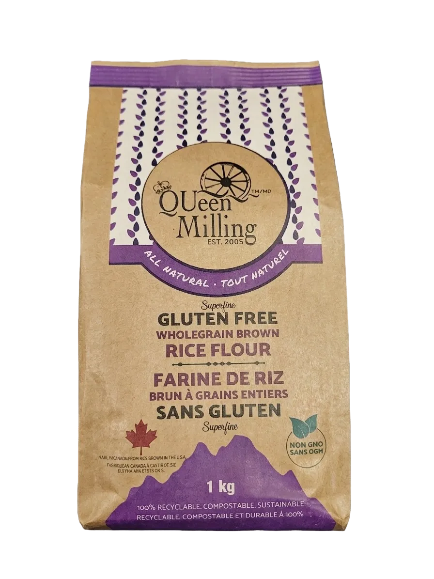 Bag of Queen Milling gluten-free wholegrain brown rice flour on a white background