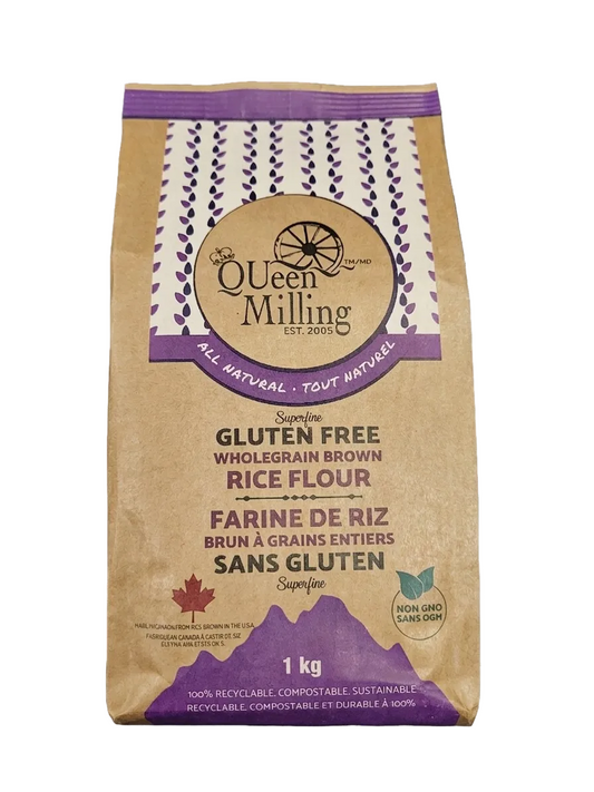 Bag of Queen Milling gluten-free wholegrain brown rice flour on a white background
