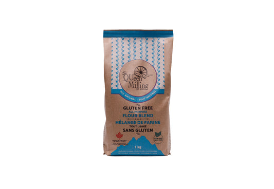 Gluten free all purpose flour blend.  No xanthan gum.  Packed in a 100% recyclable and compostable paper bag.  1kg size.  1 pack size.  Made in Chatham, Ontario, Canada.
