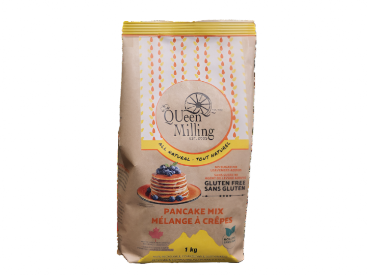 Gluten free  QUeen Milling  pancake mix.   Packed in a 100% recyclable and compostable  1kg size paper bags. Made Canada.  Non GMO.  Plant based.  No xanthan gum