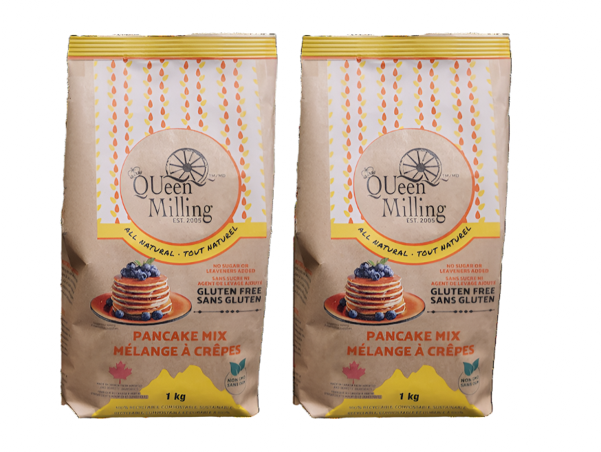 Made in Chatham, Ontario, Canada. QUeen Milling Gluten free pancake mix is milled to a superfine granulation. No sugar or xanthan gum added.  Packed in recyclable and compostable  kraft paper bag with yellow and orange colour designs.  1kg size.  2 pack size.  
