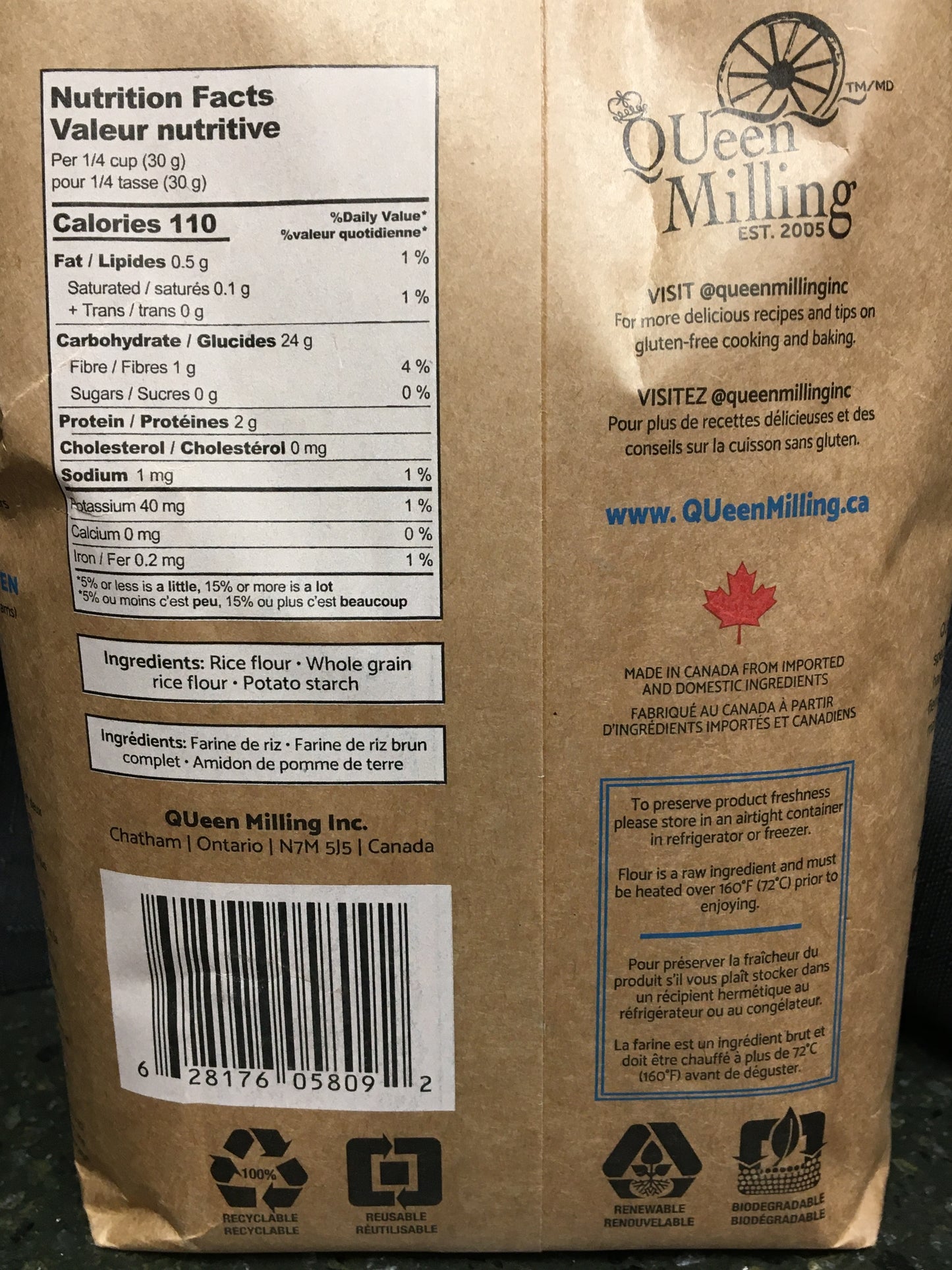 Nutrition label of Queen Milling gluten free all purpose flour blend.  QUeen Milling logo, Red Maple Leaf, recyclable and compostable symbols displayed at bottom.