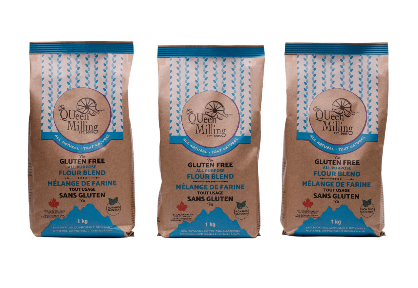 QUeen Milling Gluten free all purpose flour blend.   .  1kg size.  3 pack size.  Made in Chatham, Ontario, Canada.  No added xanthan gum.  