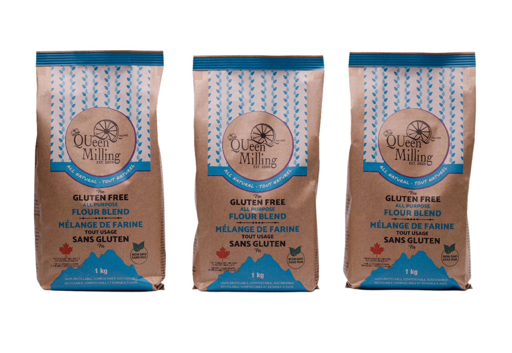 QUeen Milling Gluten free all purpose flour blend.   .  1kg size.  3 pack size.  Made in Chatham, Ontario, Canada.  No added xanthan gum.  