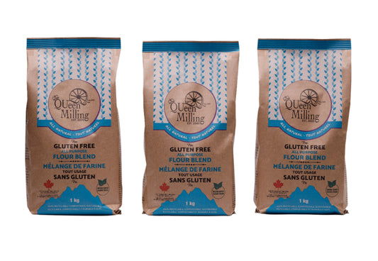 QUeen Milling Gluten free all purpose flour blend.   .  1kg size.  3 pack size.  Made in Chatham, Ontario, Canada.  No added xanthan gum.  