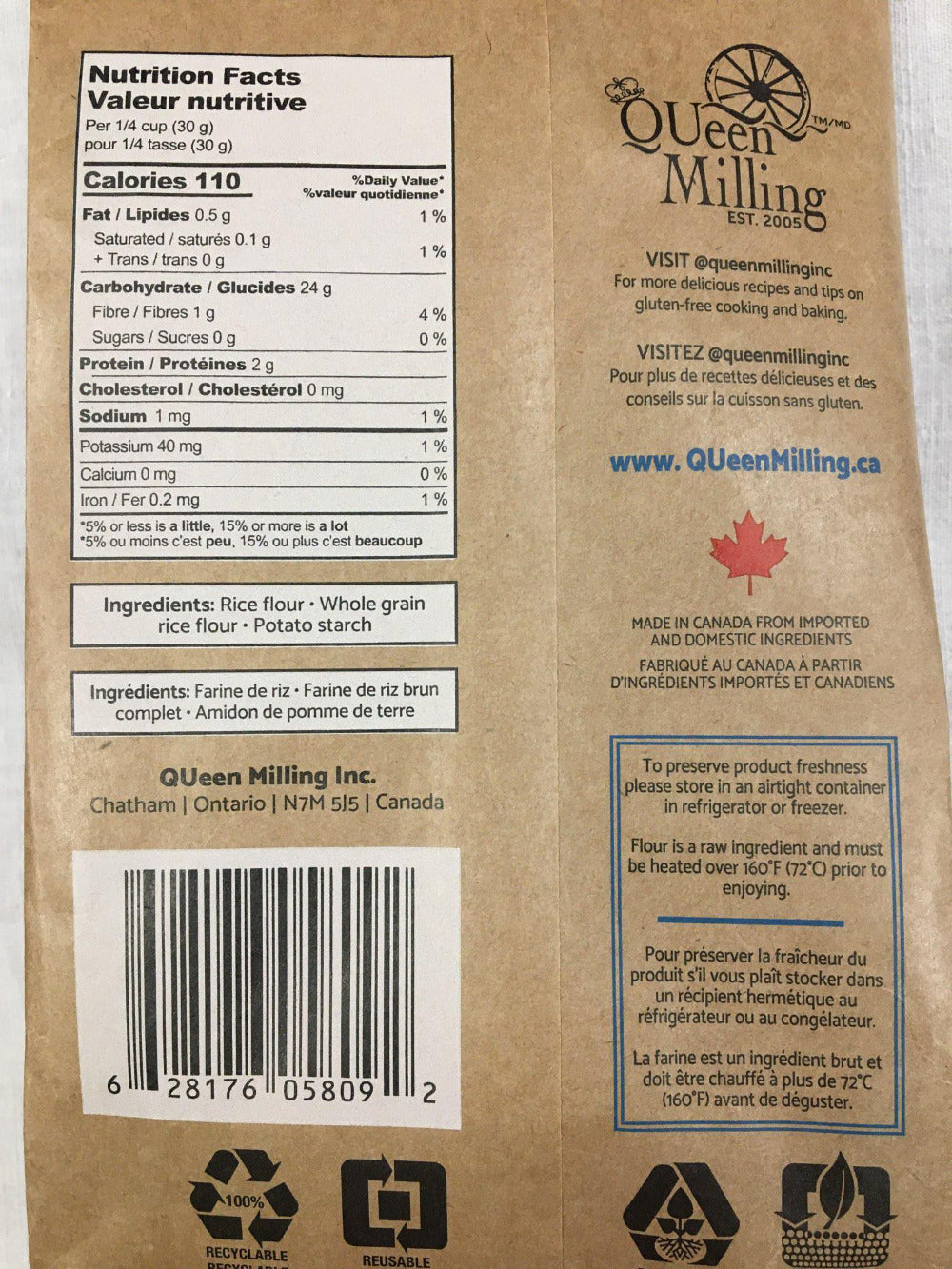 QUeen Milling Gluten Free All Purpose Flour Ingredient List.  Rice flour, wholegrain rice flour, potato starch. Made in Canada at our dedicated gluten free/allergen free facility.  Packed in 1kg size, recyclable and compostable packaging.