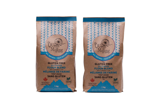 Made in Canada. Gluten free all purpose flour blend.  No xanthan gum.  Packed in a 100% recyclable and compostable paper bag.  1kg size.  2 pack size.  