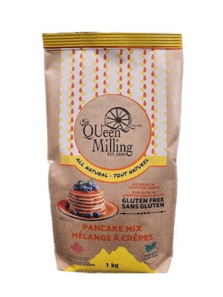 Bag of Queen Milling gluten-free pancake mix on a white background