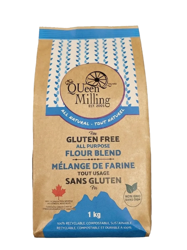 Bag of Queen Milling gluten-free flour blend on a white background