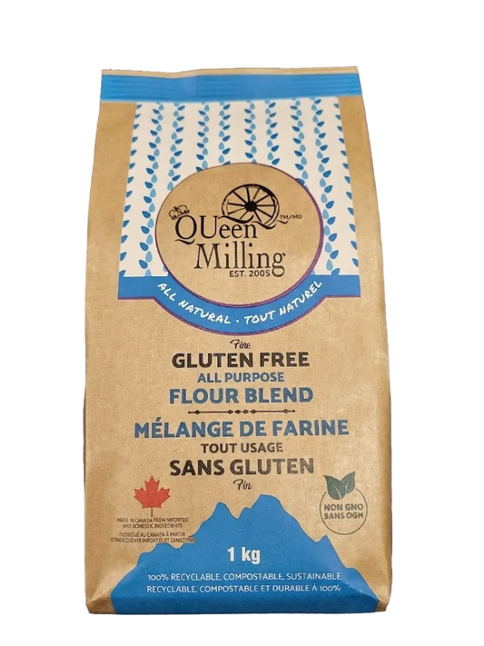 Bag of Queen Milling gluten-free flour blend on a white background