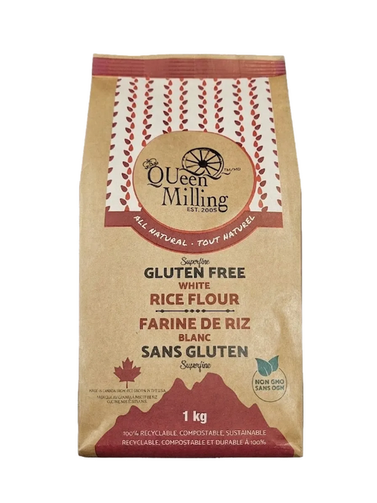 Bag of Queen Milling gluten-free superfine white rice flour on a white background