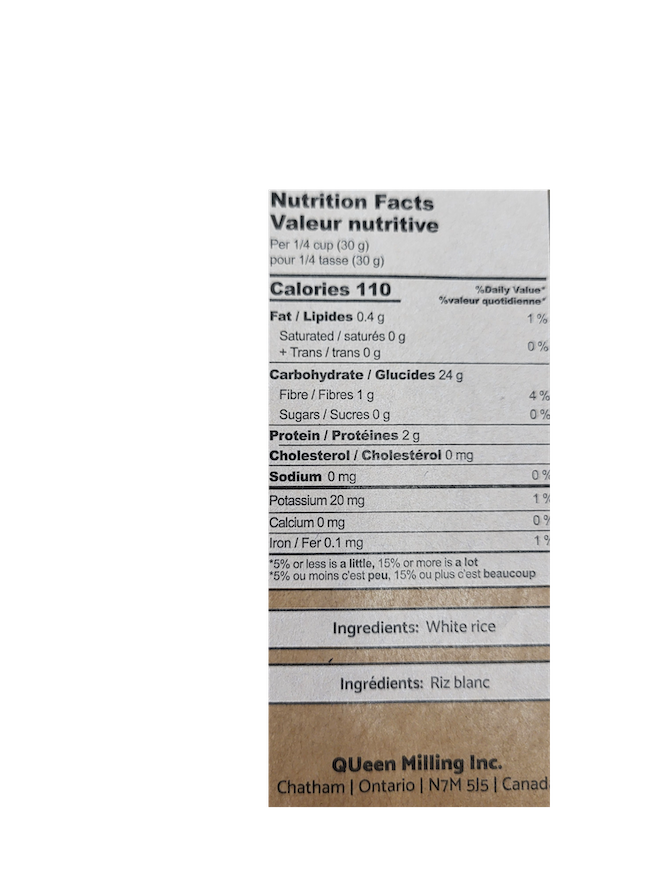 QUeen Milling gluten free superfine white rice flour nutrition label.  Ingredients White Rice.  Made in Chatham, Ontario, Canada