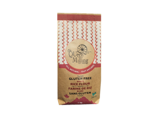 Made in Ontario, Canada. QUeen Milling Gluten free superfine white rice flour  packed in a kraft brown recyclable bag with bright Canadian red colouring. It is packaged in a 1kg size bag.  