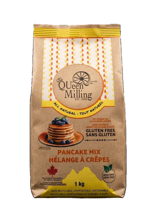 Bag of Queen Milling gluten-free pancake mix with a stack of pancakes and blueberries on the label.