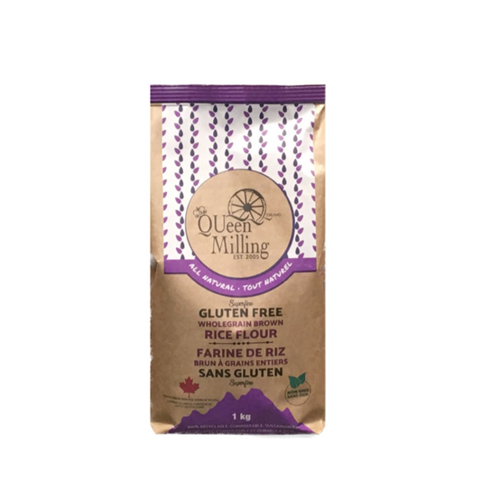 Gluten free flour.  Wholegrain brown rice flour packaged in a 100% recyclable and compostable paper bag.  Lovely royal purple writing with  bright Canadian flag on front panel. Sold in a 1kg size.  One bag.  Made in Ontario, Canada.