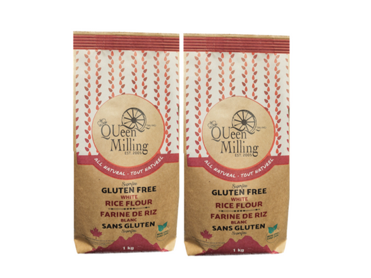 Gluten free, made in Canada,  superfine white rice flour  milled by QUeen Milling of Chatham, Ontario.  Packed in  1kg size.  2 pack size.  