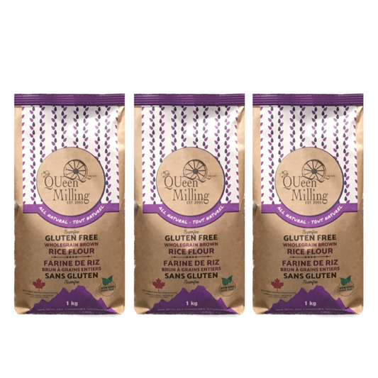 Gluten free superfine wholegrain (brown)  1kg size.  3 pack size.  Made in Chatham, Ontario, Canada Ingredient:  Wholegrain Brown Rice